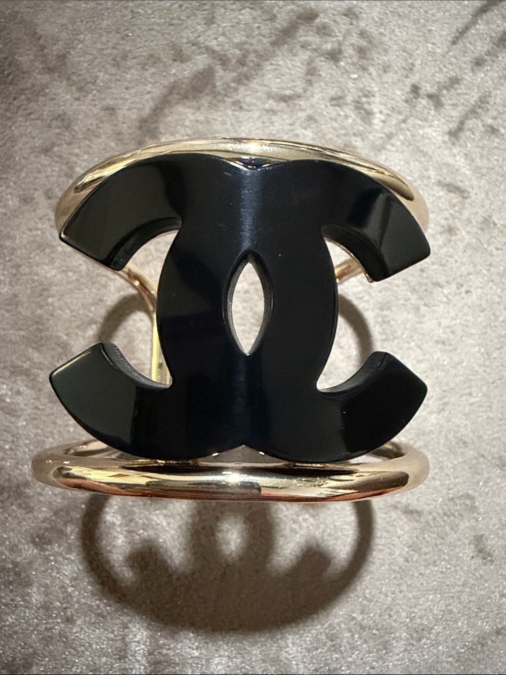 Chanel Gold Black Interlocking CC Logo Cuff Bangle Bracelet